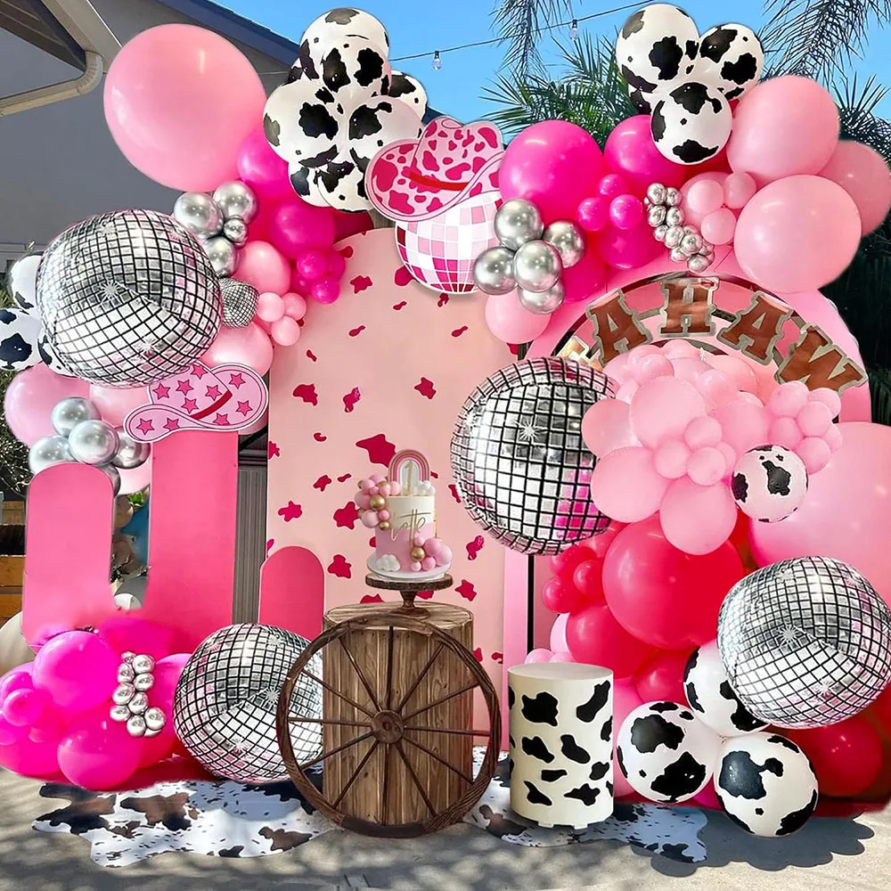 Cowboy Kuh Ballon Girlande Set Rosa Silber Ballon 4D Ballon für Babyparty Geburtstag Bauernhof Western Cowboy Disco Thema Partyzubehör Dekoration