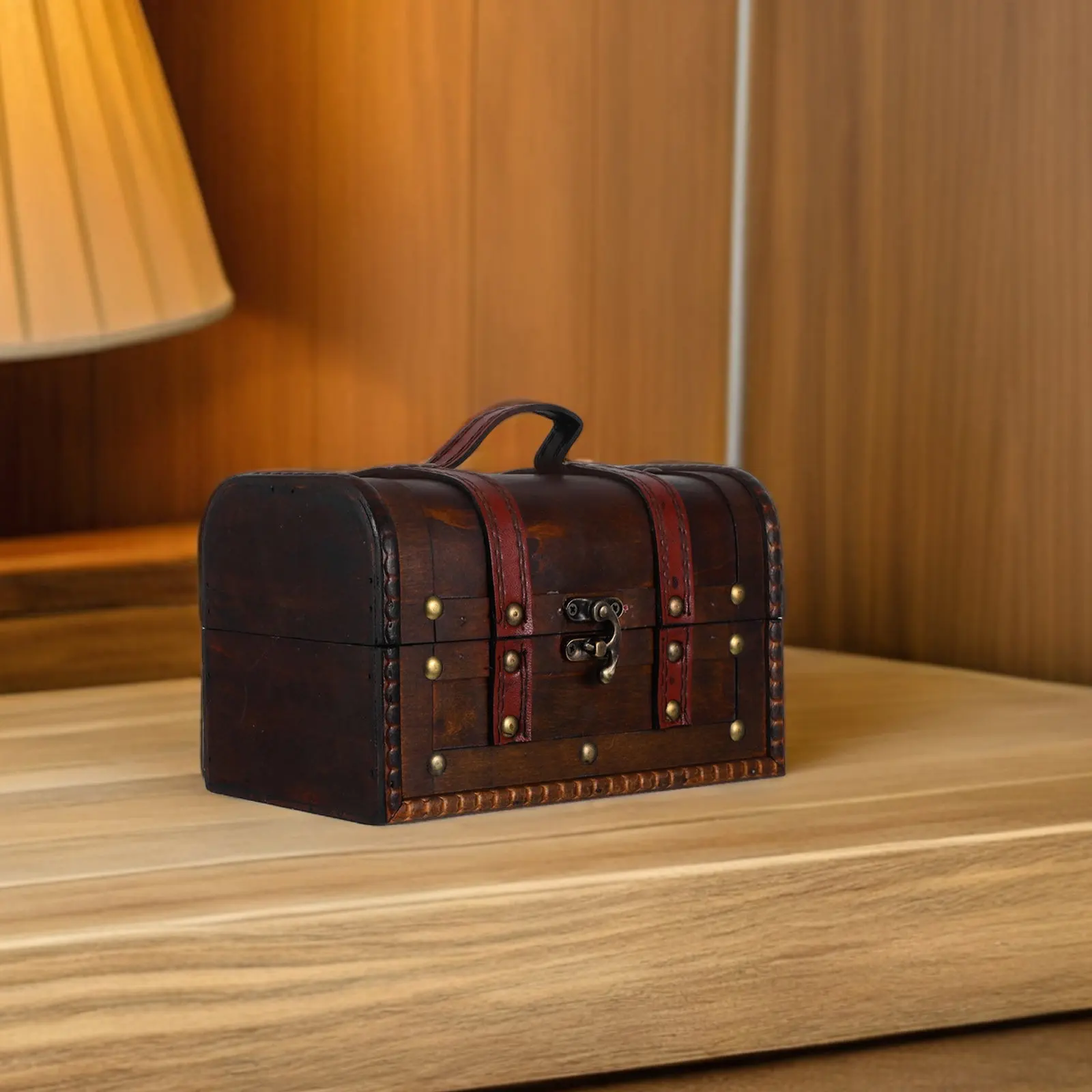 Pirate Treasure Chest Small Wooden Storage Box Vintage Design Lock Rustic Decorative Trunk for Keepsakes Jewelry