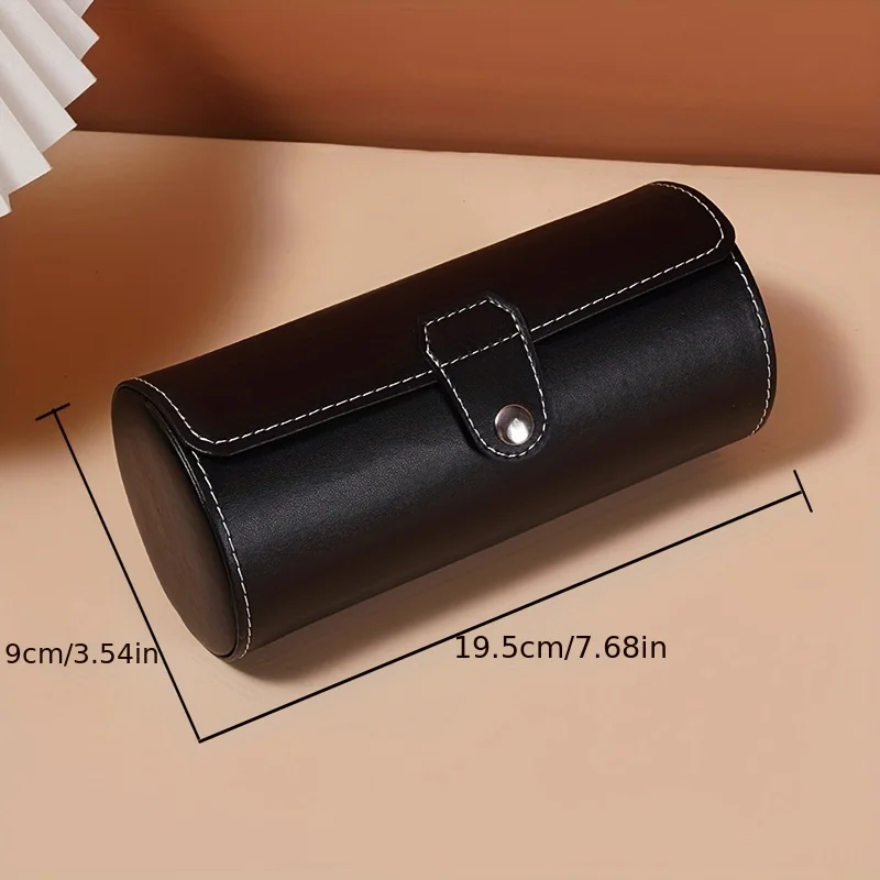 Portable Cylinder Watch Storage Box, 3-digit PU Leather Round Case, Convenient Snap Fastener, Ideal for Traveling