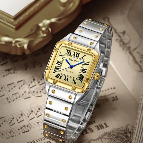 Imagen 2 del producto Relojes cuadrados para mujer, reloj de cuarzo para mujer, reloj de pulsera para mujer, correa de bambú de acero inoxidable, reloj informal para mujer, reloj femenino