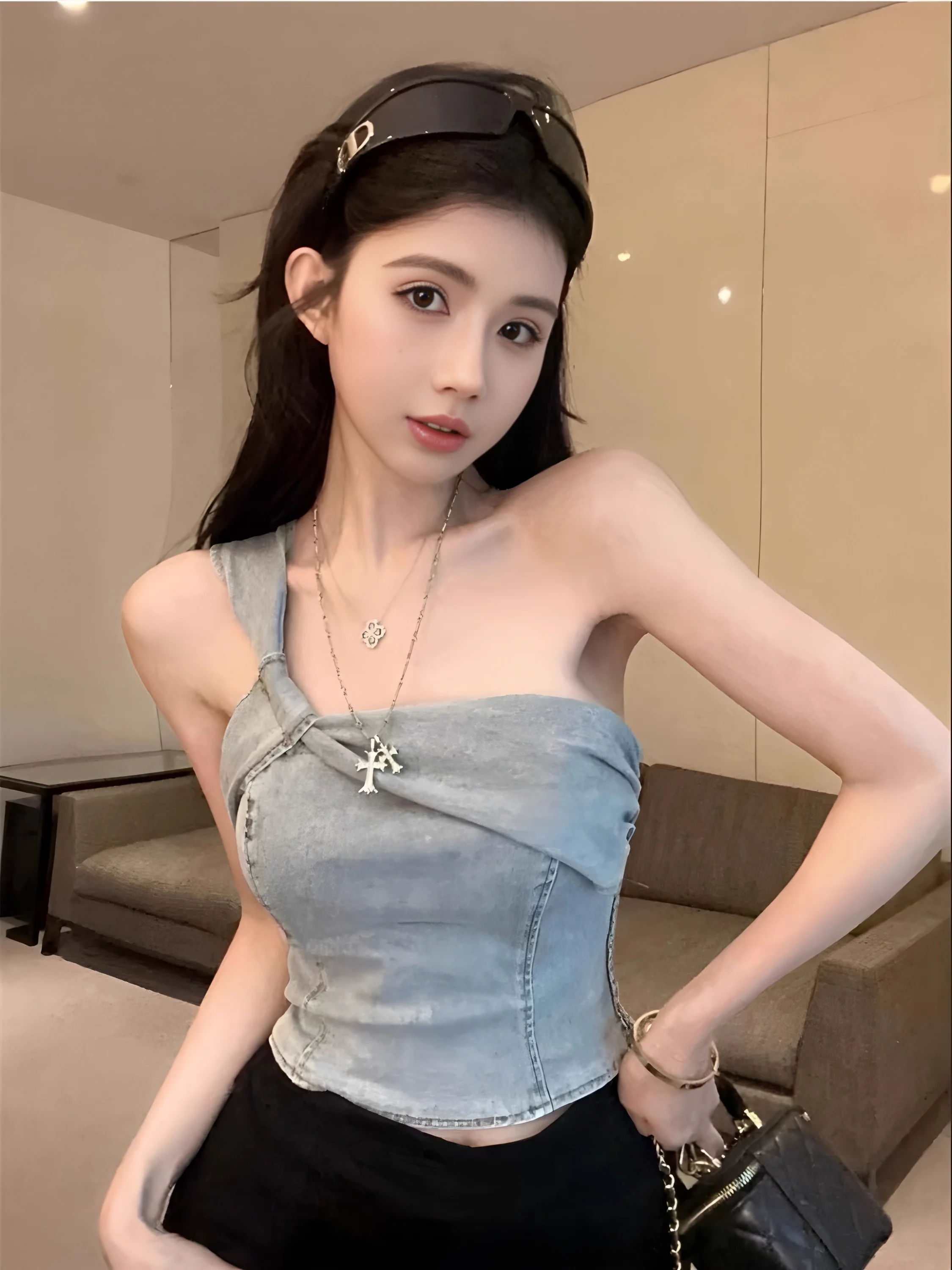 Retro Amerikanische Hohe Taille Denim Strap Weste Frauen Sexy oulderl Tube Top Design Sensation Kleine Outdoor Tragen Baumwolle Mischung