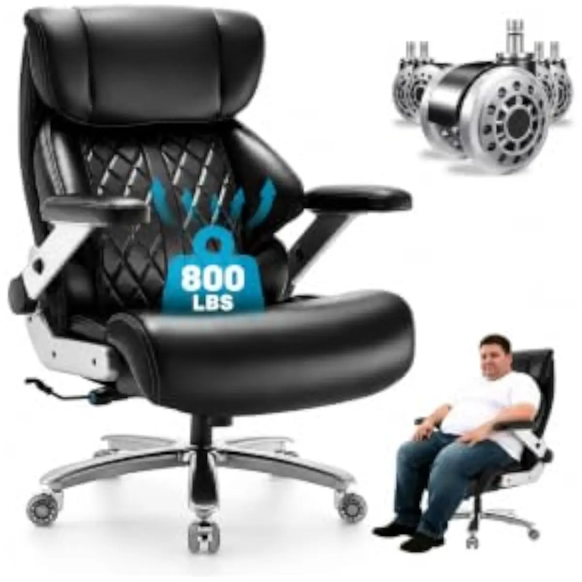 Heavy-duty executive chair with 5D flip arms, 6.5-inch thick pocket-spring seat, adjustable air lumbar, 800-lb capacity, silent