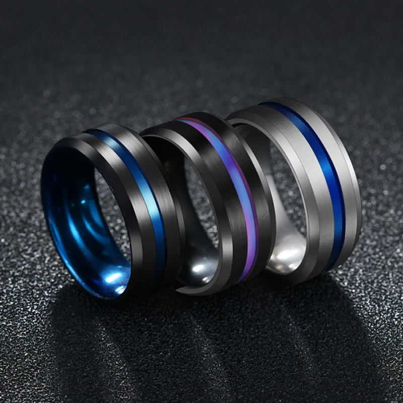 موضة 8 مللي متر الفولاذ المقاوم للصدأ الأسود الأزرق خط الدائري للرجال الصلب خواتم ملونة صبي النساء المجوهرات هدية korца anillos #3