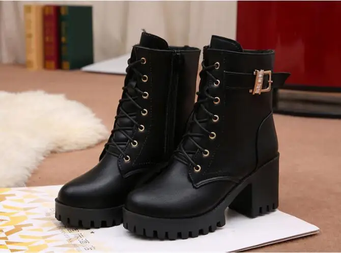 Hot Sale 2022 Women Boots Lace Up Flat Biker  Wine Red Boots Shoes Buckle Woman Botas Women Boots