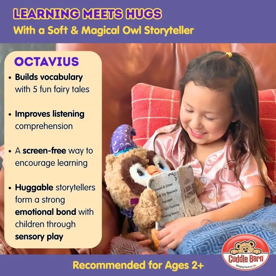 Schuur Octavius De verhalen vertelt uil 12, geanimeerde knuffel knuffel ogen oplichten, mond beweegt en hoofd zwaait tovenaar uil rec