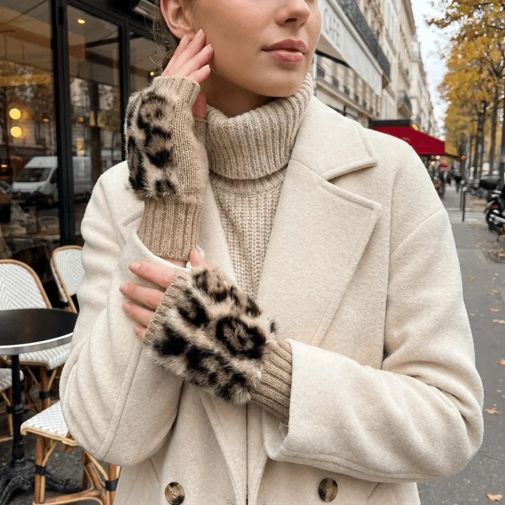 New Warm Fingerless Gloves Soft Short Style Half-Finger Gloves Polyester Faux Fur Leopard Print Gloves Winter