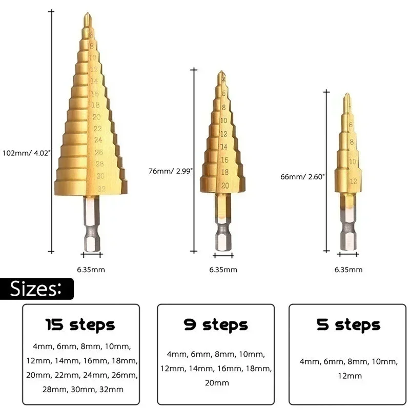 4-12/20/32mm HSS Steel Large Step Cone Titanium Coated Metal Drill Bit Cut Tool Set Hole Cutter (1Pcs Gold)