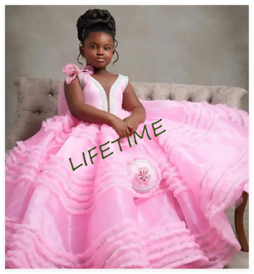 Vestido rosa escalonado de flores para niña, vestido de fiesta de Boda de Princesa de encaje acampanado, exquisito vestido de primera comunión con lazo y cuello redondo