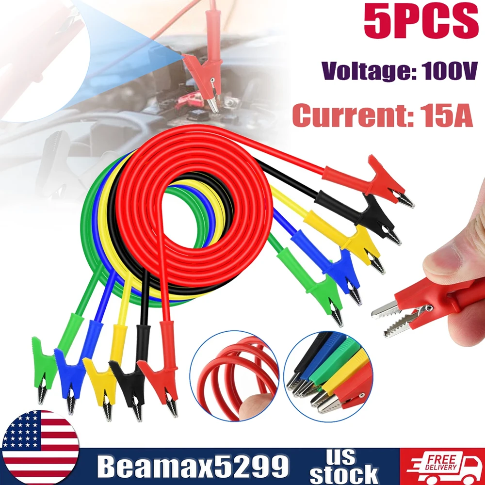 

5PCS Quality 3.3ft/1m Dual Alligator Clip Test Lead Crocodile Clamp Jumper Wires Cables 30V 15A Electrical Test Leads Set