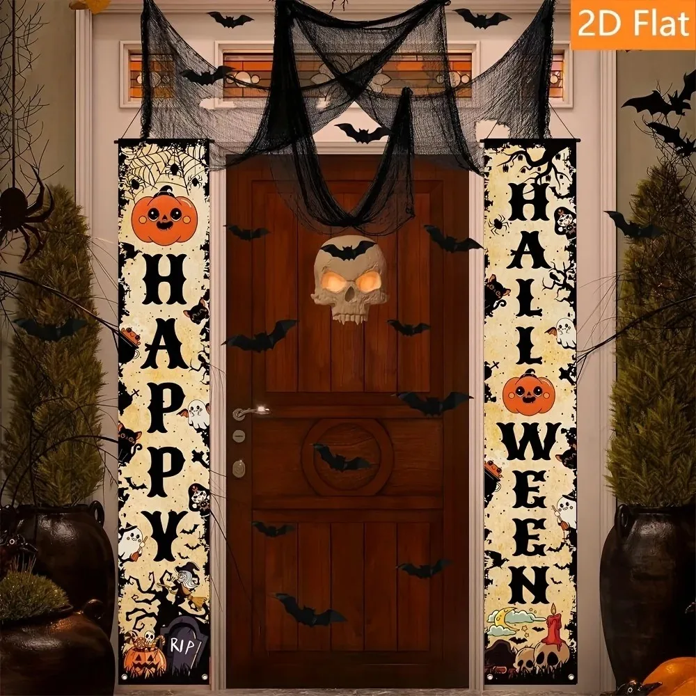 Happy Halloween Vertikales Verandabanner-Set Vintage Kürbis Geist Spinne Totenkopf Fledermaus Türdekorationen für Halloween Hängedekorationen – Detail 8