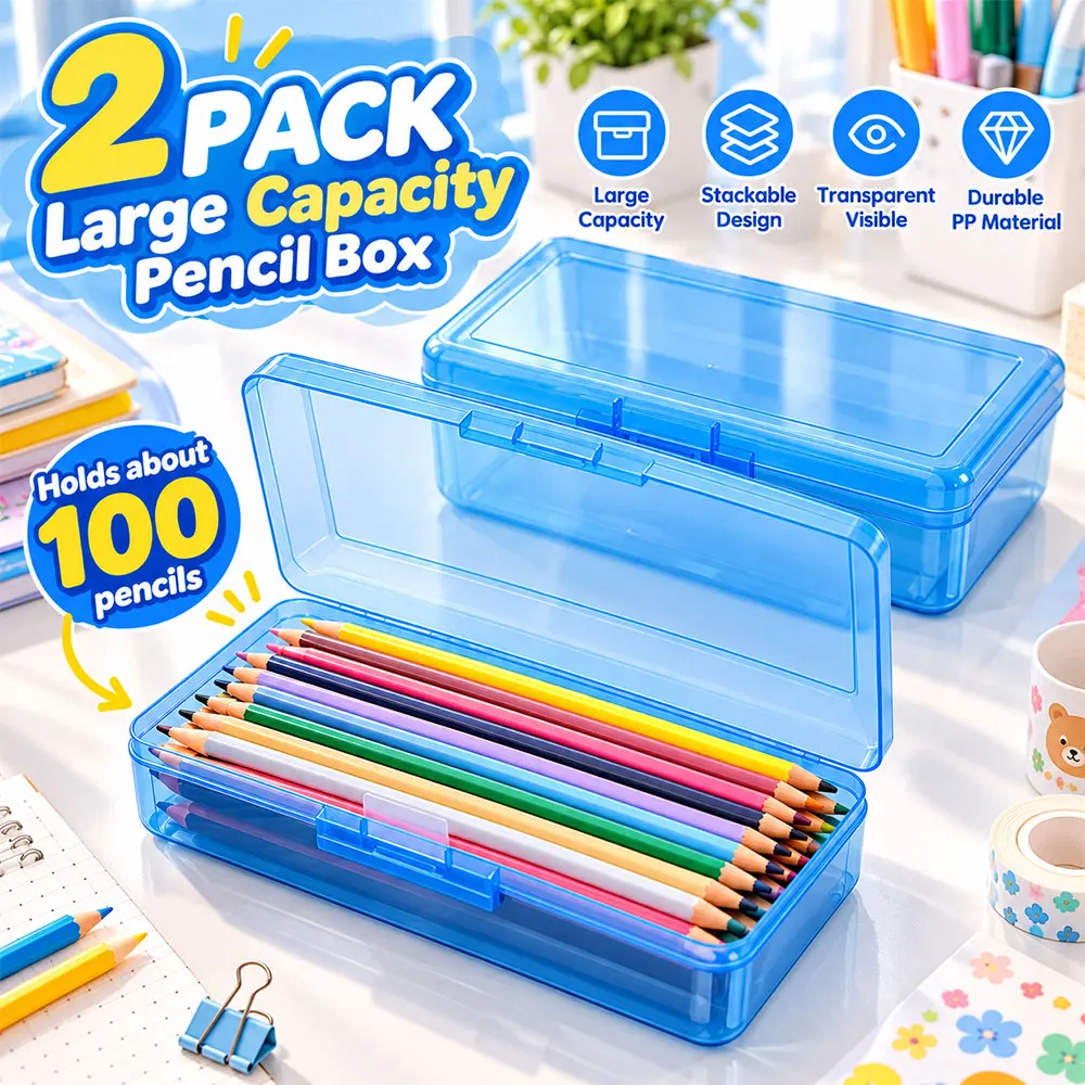 2Pack Large Capacity Pencil Storage Cases, Transparent Stackable PP Boxes for Colored Pencils, Pens, Markers and Office Supplies