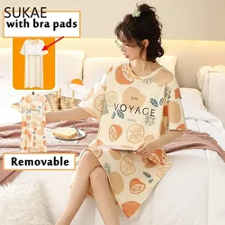 SUKAE M-5XL Women Dress with Bra Pads Summer Nightdress Cotton Sleepshirt Leisure Nightgowns Long Dressings Lingerie for Woman