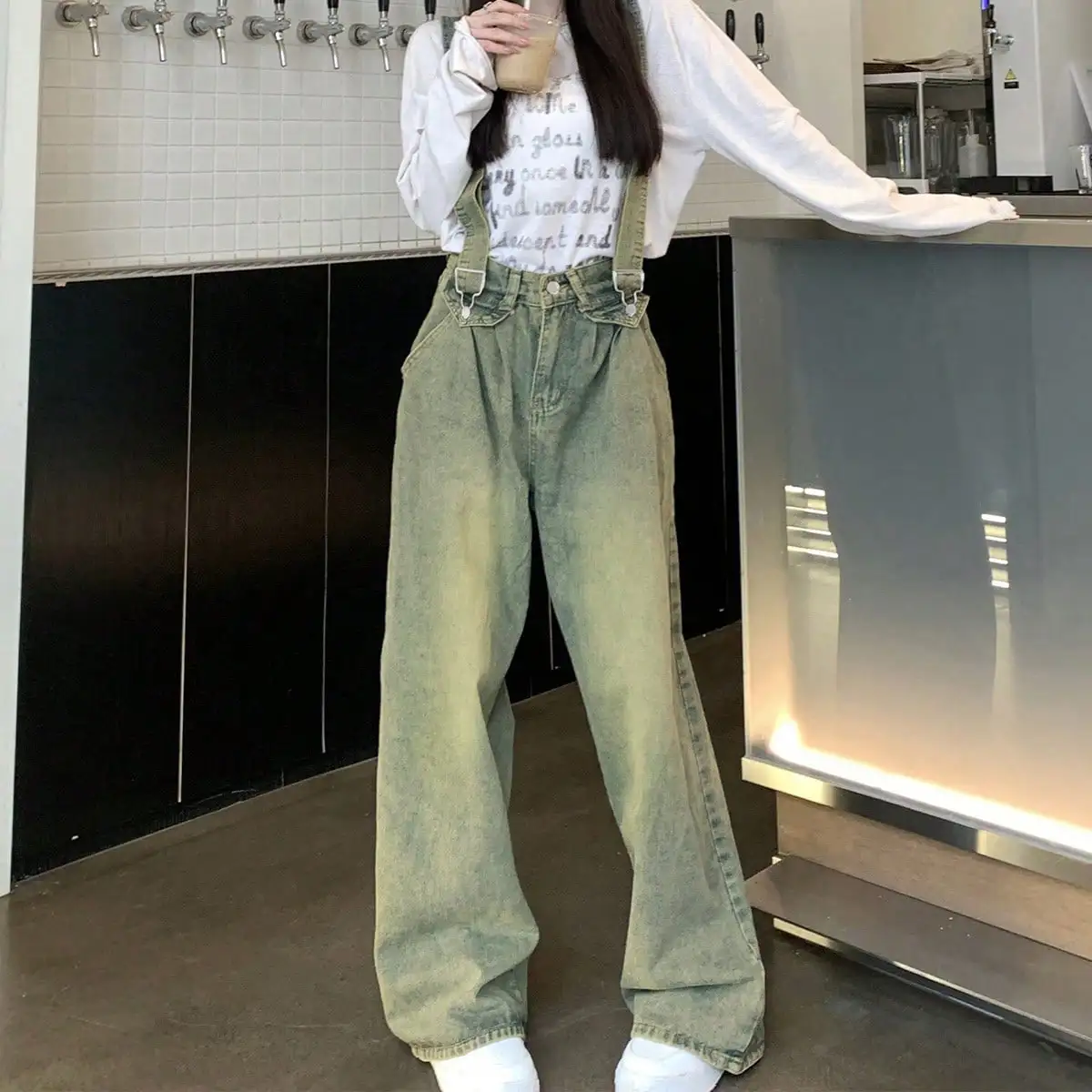 American Retro Style Denim Overalls 2024 New Women's Autum Small Fashion Trendy Wide Leg Pants