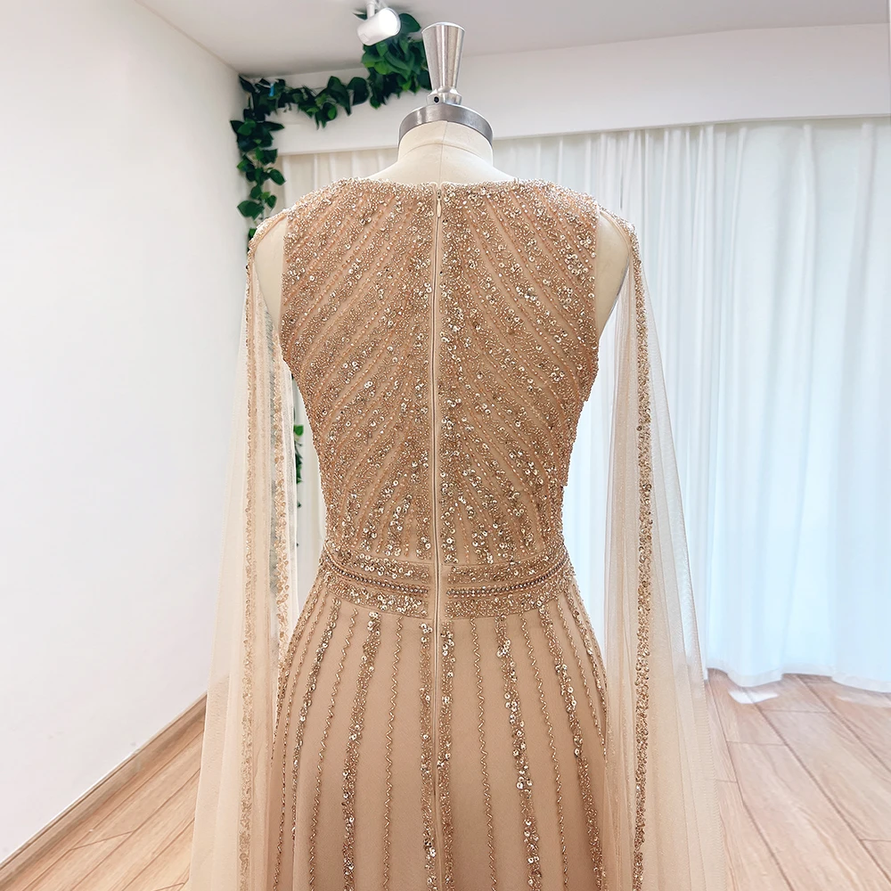 Luxury Aline Beads Evening Dress for Women 2024 with Cape Sleeves Elegant O Neck Long Formal Prom Wedding Party Gown Customized