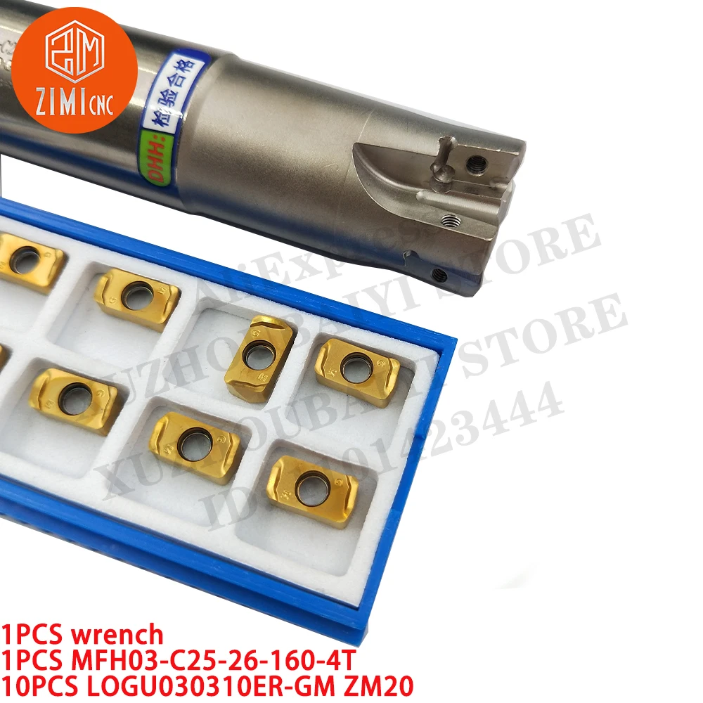 1 шт. MFH03-C25-26-160-4T Держатель фрезерного инструмента + 10 шт. LOGU030310ER-GM ZM20 Фрезерная вставка токарный станок по металлу Твердосплавные вставки режущий инструмент