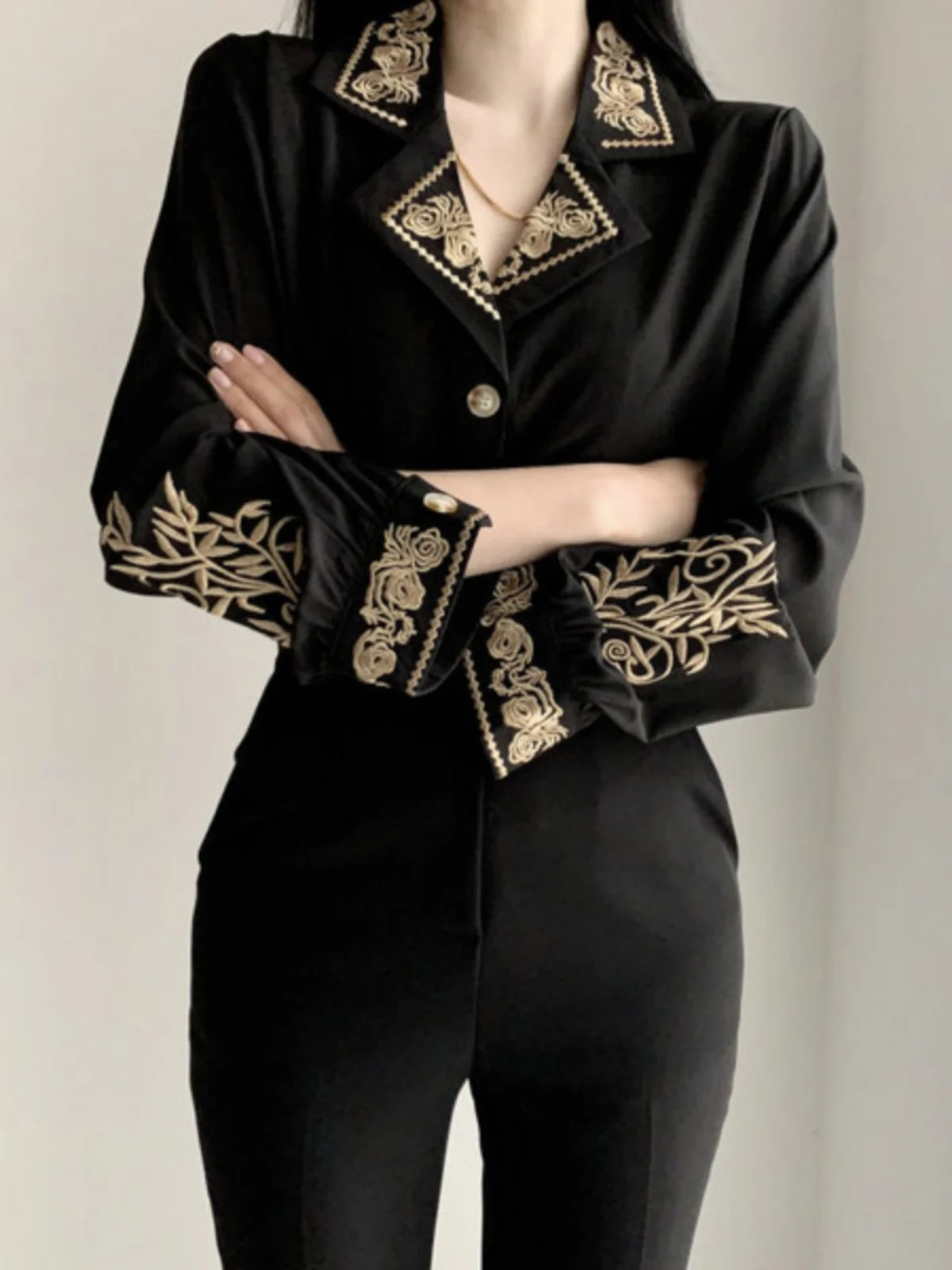

Ele Embroidered Gold Tead Flower Collar Single Button Long Sve Women's irt Vintage Sle Office Commute Faion