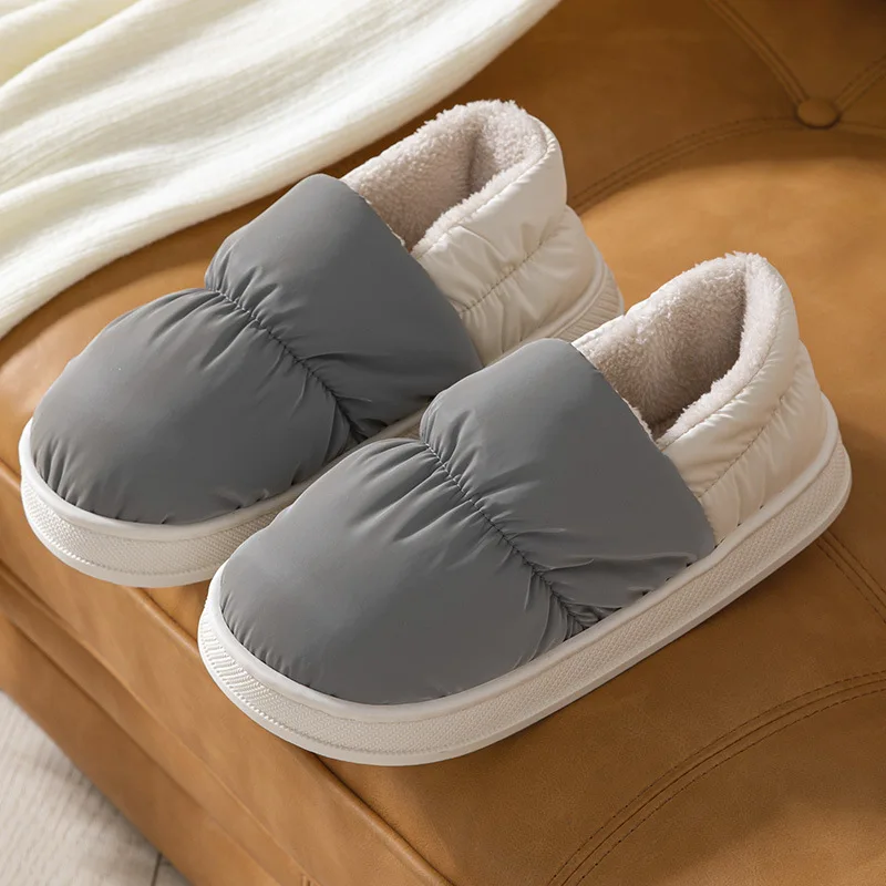 2022 Winter Waterproof Down Slippers Women Indoor Home Shoes Men Women Warm Plush Platform Slipper Closed Back Cotton Shoes