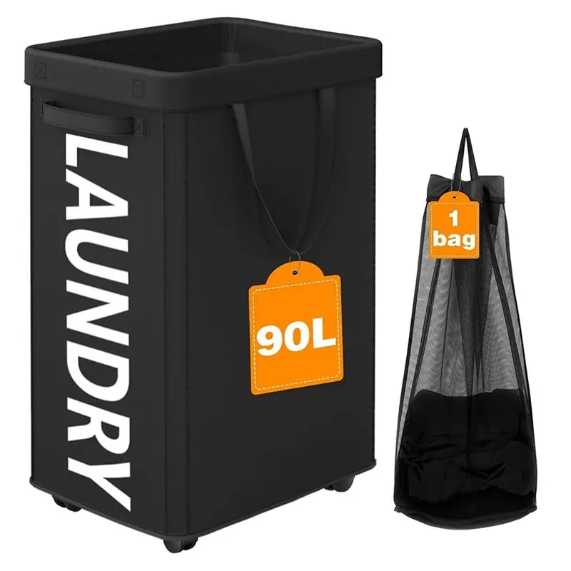 BHBD-90L Rolling Laundry Basket With Wheels 29 In Hamper With Wheels Removable Mesh Bag