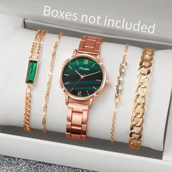 5PCs/Set Elegant Women's Watch With Green Disc Steel Band Quartz Watch With Exquisite Bracelet