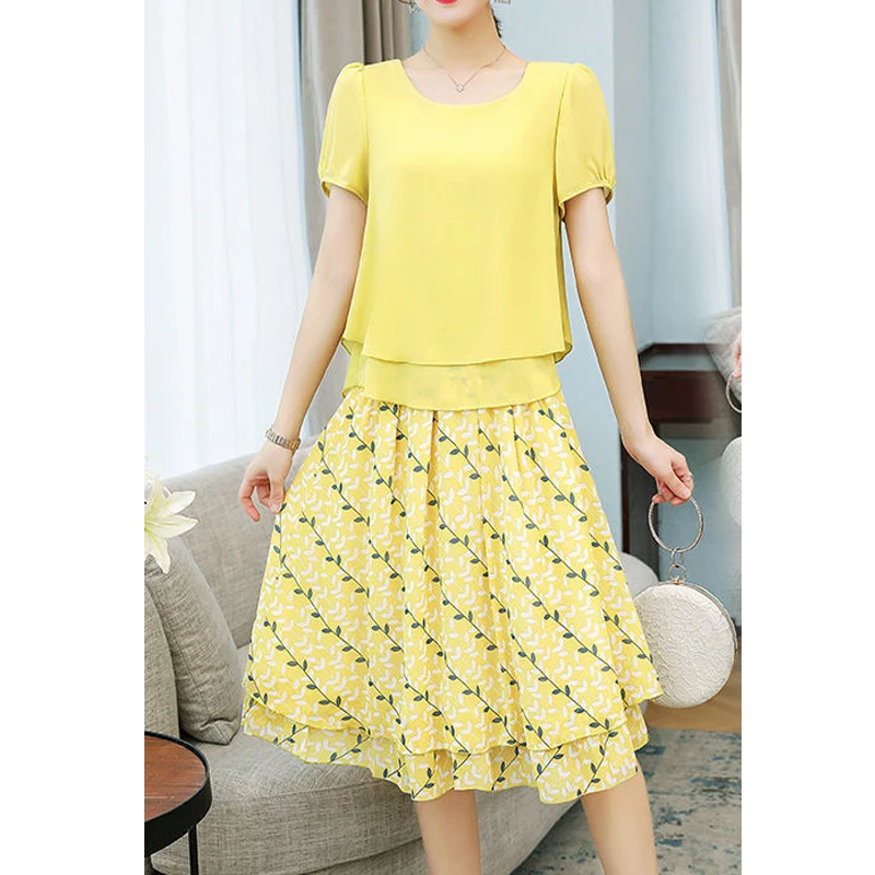 Two Peice Set for Women Korean Fashion Double Layer Short Sleeve Blouse Summer Sweet Floral Print Ruffle Skirts Elegant Outfits