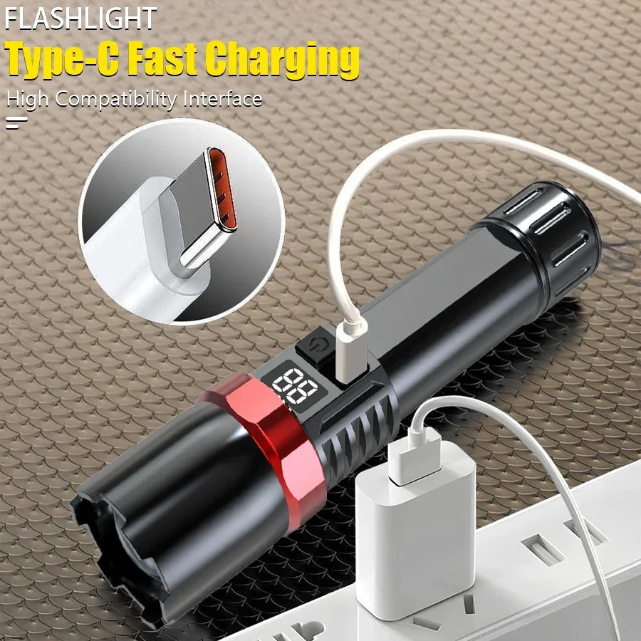 Super Bright LED Flashlight USB Rechargeable Torch Powerful Zoomable Light Portable Lantern for Outdoor Camping Hiking Survival