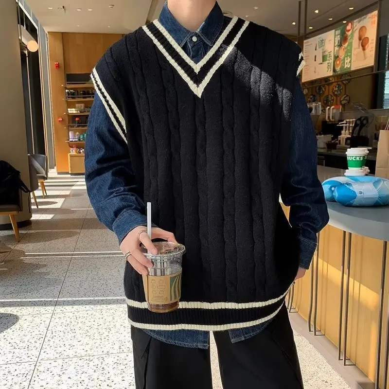 Sweater Vest Men V Neck Sleeveless Knitted Vests Tops Coats Knit Sweaters Splice Casual Loose Top Regular Autumn Winter