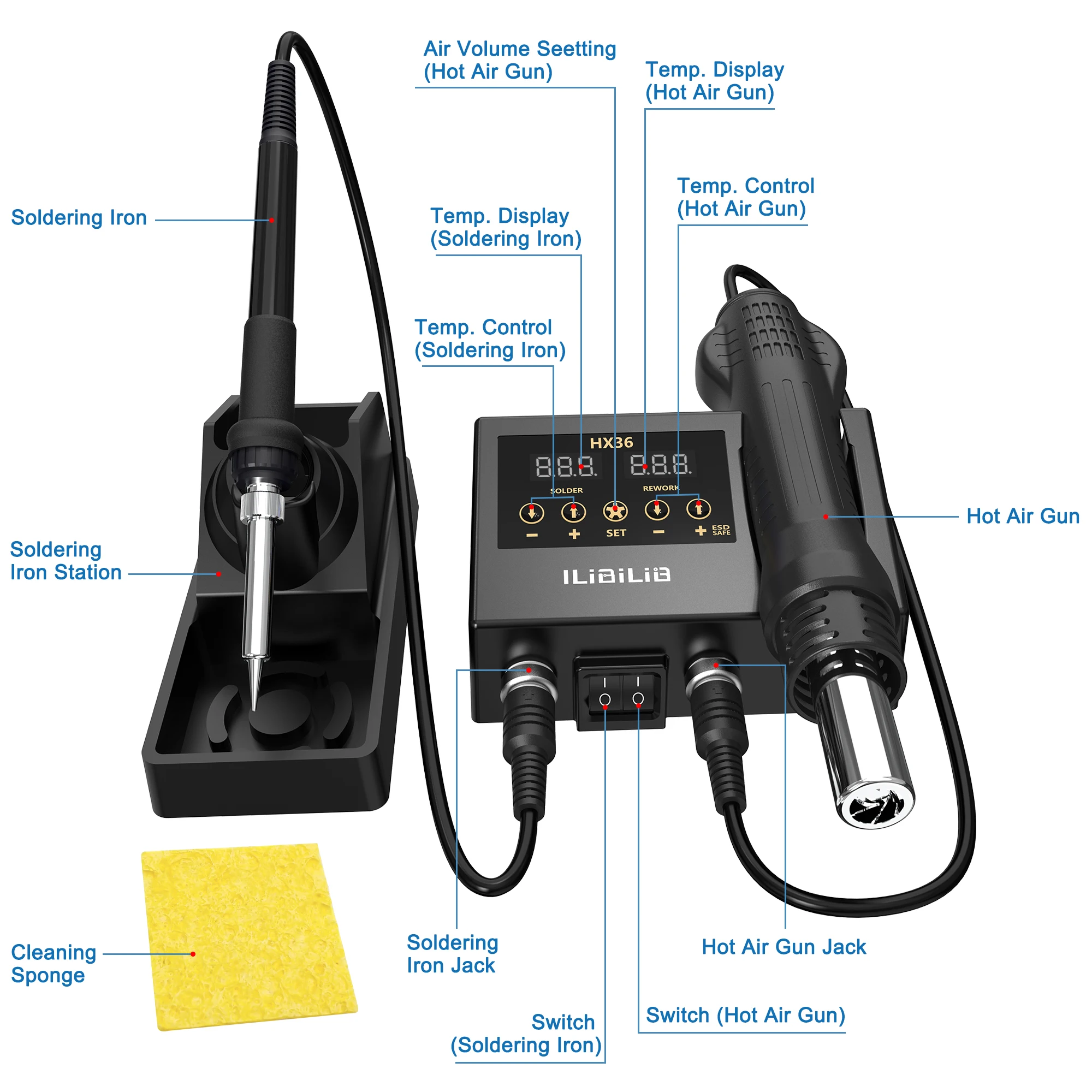 ILIBILIB HX36 Dual Rework Station 60W+300W Soldering Iron Hot Air Gun Digital Calibration Sleep Mode