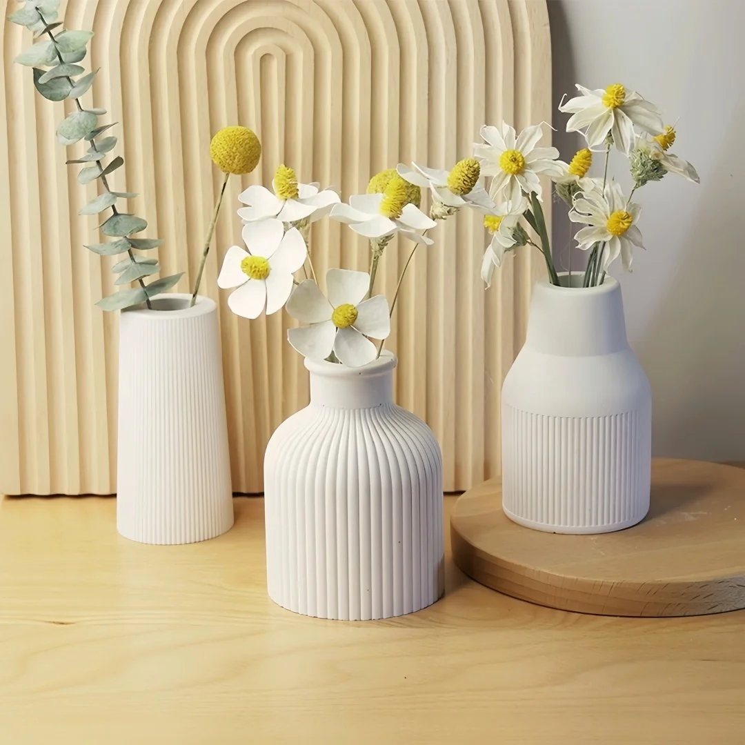 Mini Flower Vase Silicone Mold Stripe Design Concrete Cement Desktop Decoration Epoxy Resin Mould