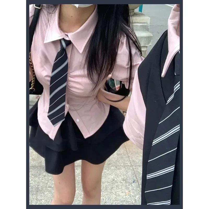 2023 Summer Japanese Style Pink School Girl JK Uniform Women Y2k Aesthetics Sweet Short Sleeve Slim Shirt Black Tutu Skirt