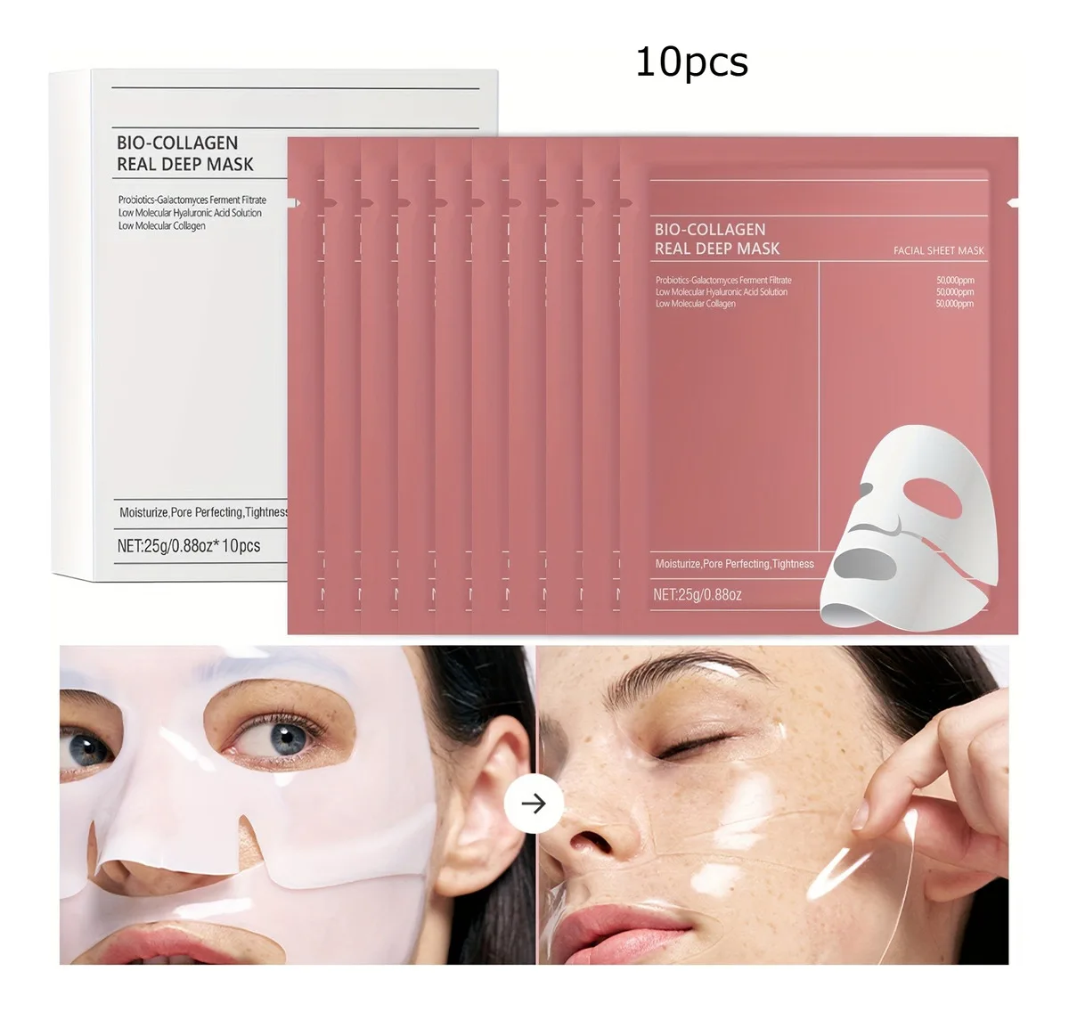Conjunto de 10 Máscaras Bio-Colágeno Intensamente Hidratantes |   Pele Hidratada, Lisa e Iluminada, Rica em Biocolágeno, Sem Álcool