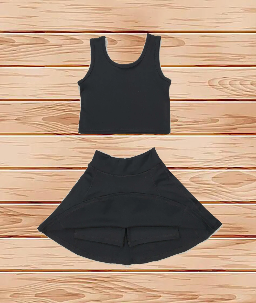 

4.1 Wholesale Western Boutique children clothing Baby Girls Black Vest Top Yoga Sports Skorts Clothes Sets