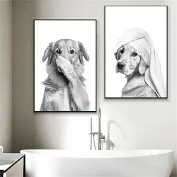 Cat Giraffe Dog Toilet Paper Bathtub Canvas Painting Black and White Print Funny Animals Bathroom Poster Shower Home Decor