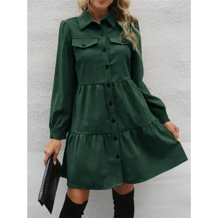 

【New style】Women's Casual Commuter Solid Color Front Button Long Sleeve Dress