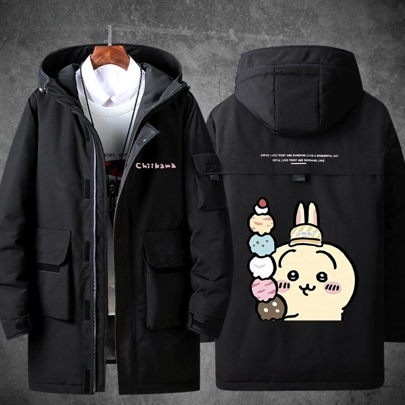 Anime Cartoon Kawaii Chiikawa Down Jacket Hooded Medium To Long Keep Warm Antifouling Thicken Zipper Multiple Pockets Necessary