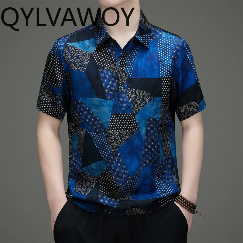 QYLVAWOY 100% Mulberry Silk Men's Shirts Elastic Shirt Thin Short Sleeves Shirts for Man Clothing Satin Summer Tops Loose 셔츠
