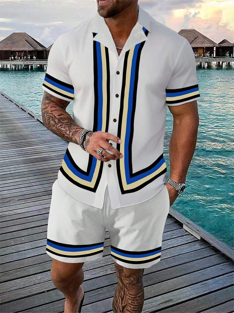 Men's Beach Wear 2-Piece Quick Drying New Hawaiian Shirt And Shorts Set Summer Men's Clothing Fashion Striped Print Casual Wear