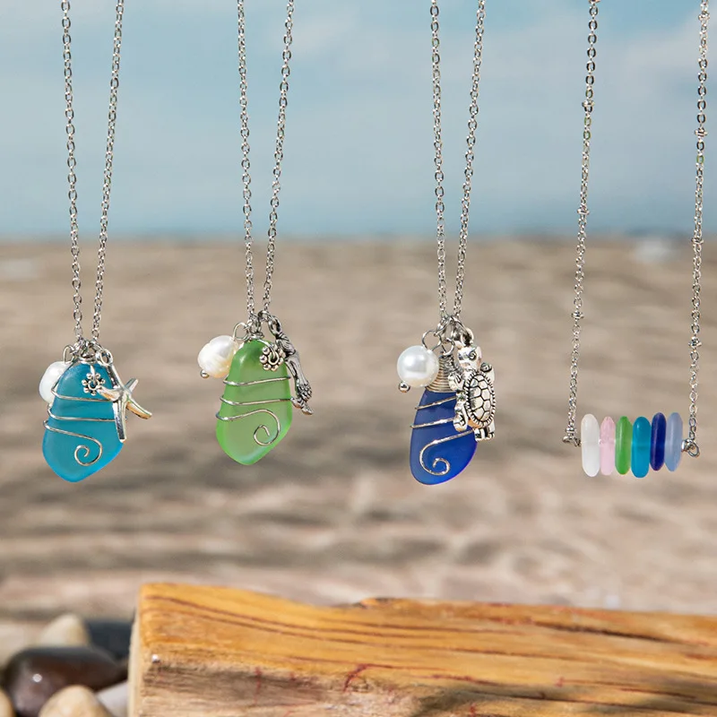 Ins Blue Frosted Sea Glass Necklace Ocean Turtle Starfish Conch Charm Necklace Boho Vacation Jewelry for Women Dainty Gifts