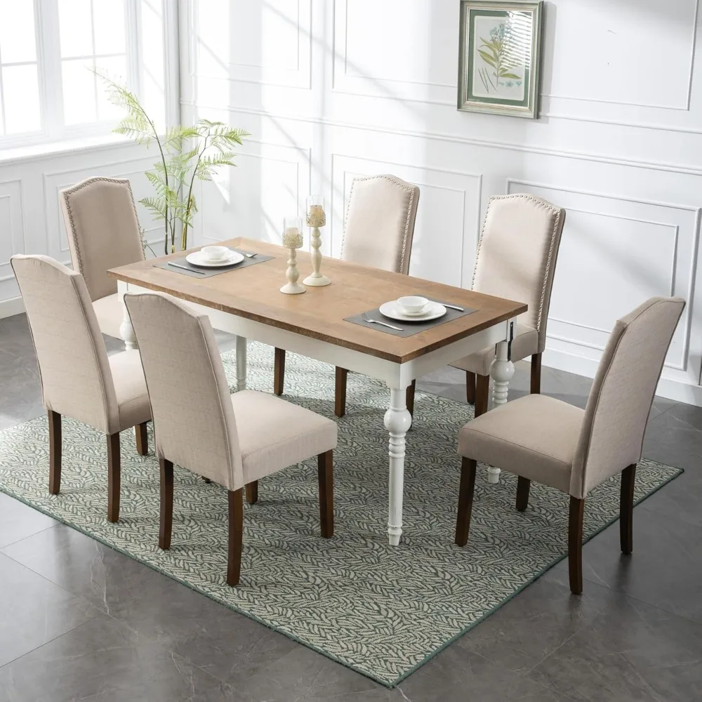 Stylish Upholstered Parsons Dining Chair with Nailhead Trim and Sturdy Solid Wood Legs  Beige