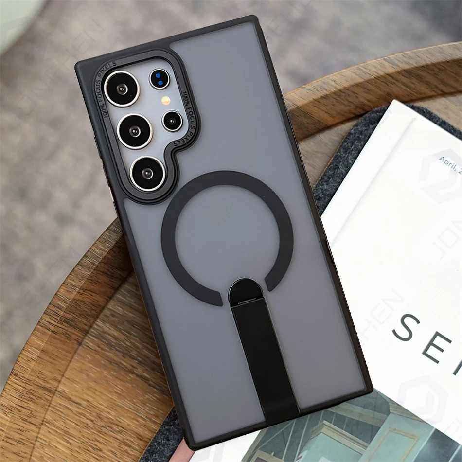 

For Magsafe Stand Magnetic Shockproof Frame Case For Samsung S25 S24 S23 FE S22 Ultra Plus Clear Folding Holder Armor Back Cover