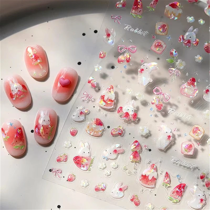 

Очаровательные блестящие наклейки для ногтей: кролик с бантиком, клубника, цветы, мечтательный милый кролик, звезда, собака, сердце, кошка, пасхальное яйцо, цыпленок