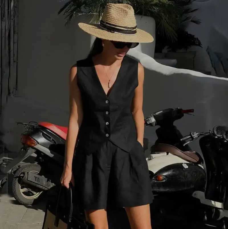 

Summer Casual Ladies Elegant Suit New Solid Color Sleeveless Breasted Waistcoat Baggy Wide-leg Shorts Women 2 Piece Set Outfit