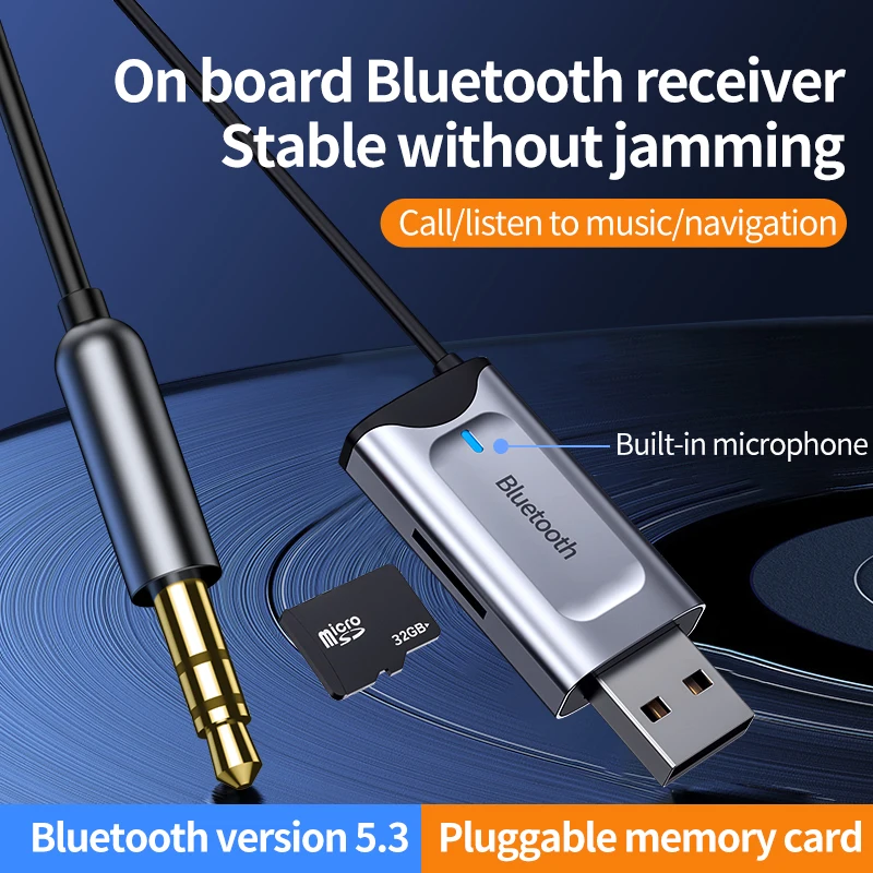 Car Bluetooth Receiver 5.3 Stereo Wireless USB Dongle to 3.5mm Jack AUX Audio Music Adapter Mic Handsfree Call & TF Card Slot