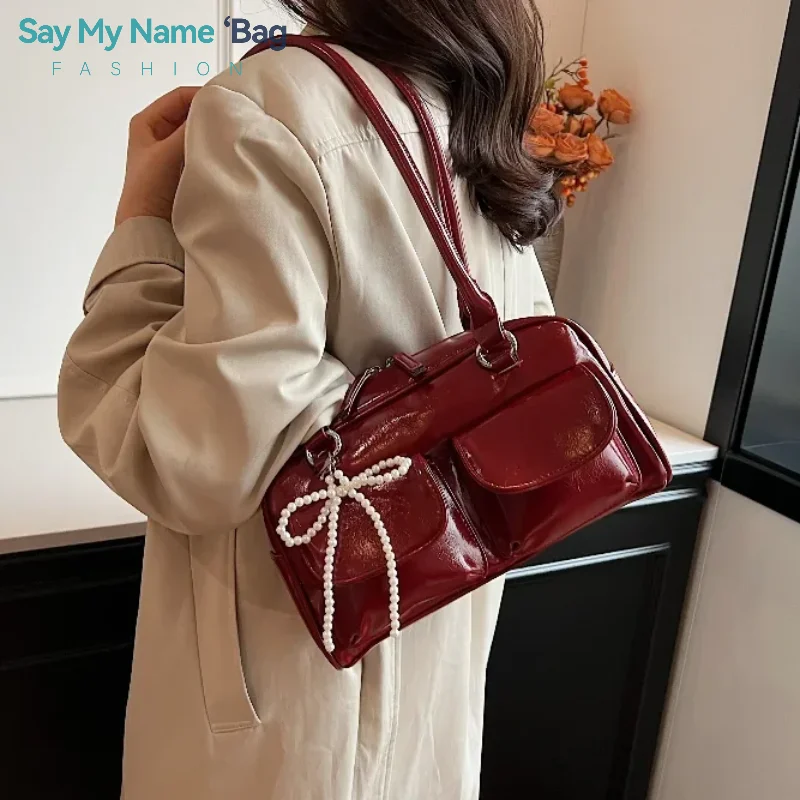 

Vintage Women Fashion Glossy Shoulder Bags Simple Ladies Commute Tote Bag Pu Leather Female Underarm Bag Burgundy Large Handbags