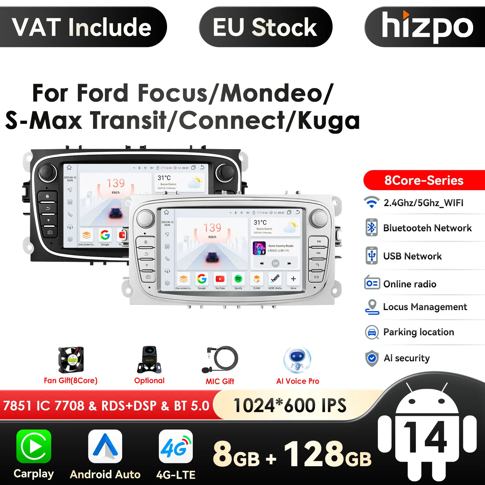 Image of 7 Zoll 4g Autoradio Multimedia-Video-Player für Ford Focus S-Max Mondeo 9 Galaxie C-Max Navigation GPS Android Auto Carplay Stereo