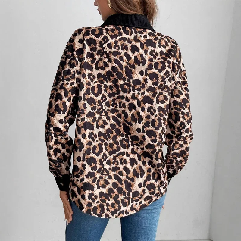 Women Leopard Print Spliced Corduroy Jacket Turn Down Collar Long Sleeve Button Casual Shacket