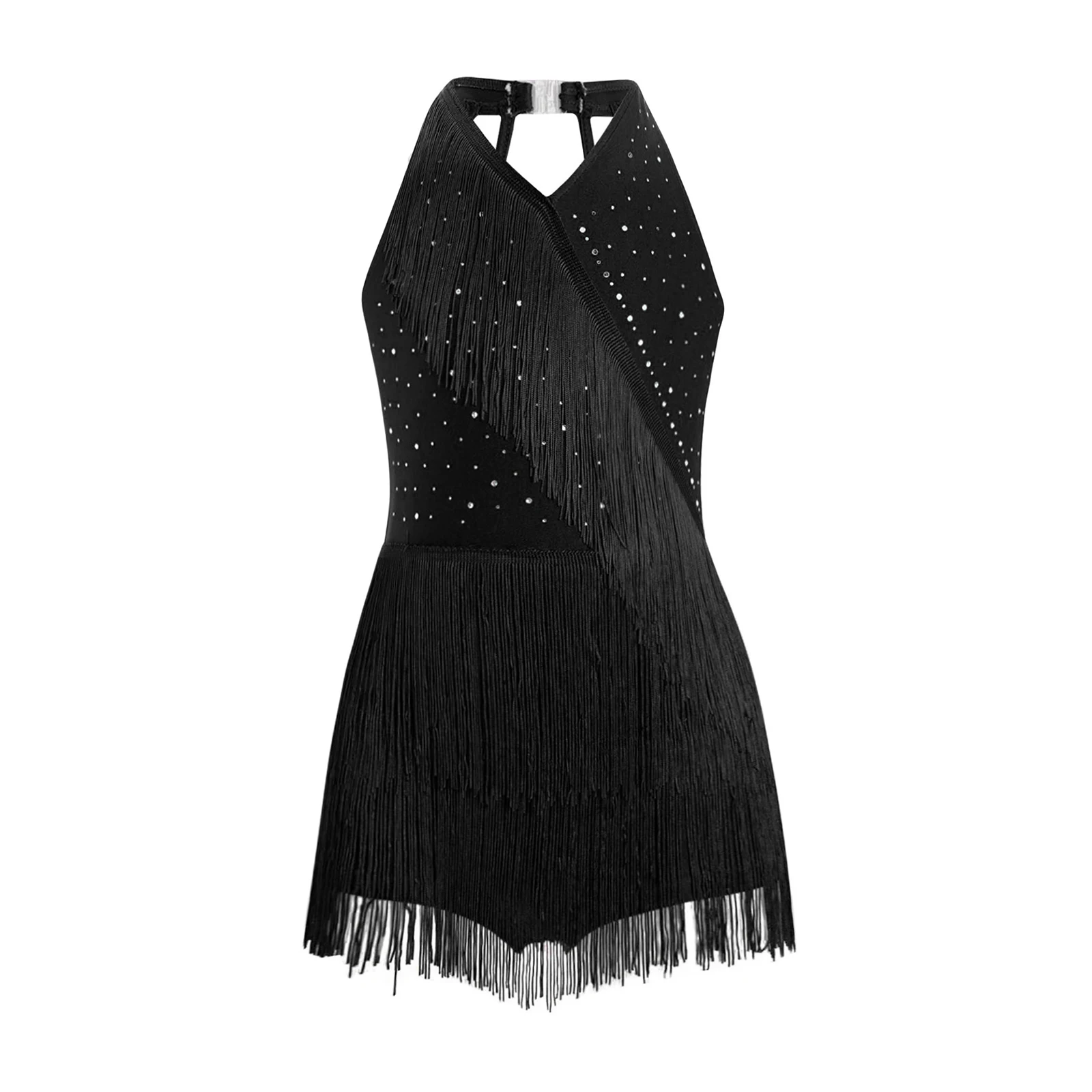 Elegant Latin Dancer Outfits Girls Glittery Fringe Tassel Leotard Halter V-neck Sleeveless Shiny Sequins Tassel Dancer Bodysuit