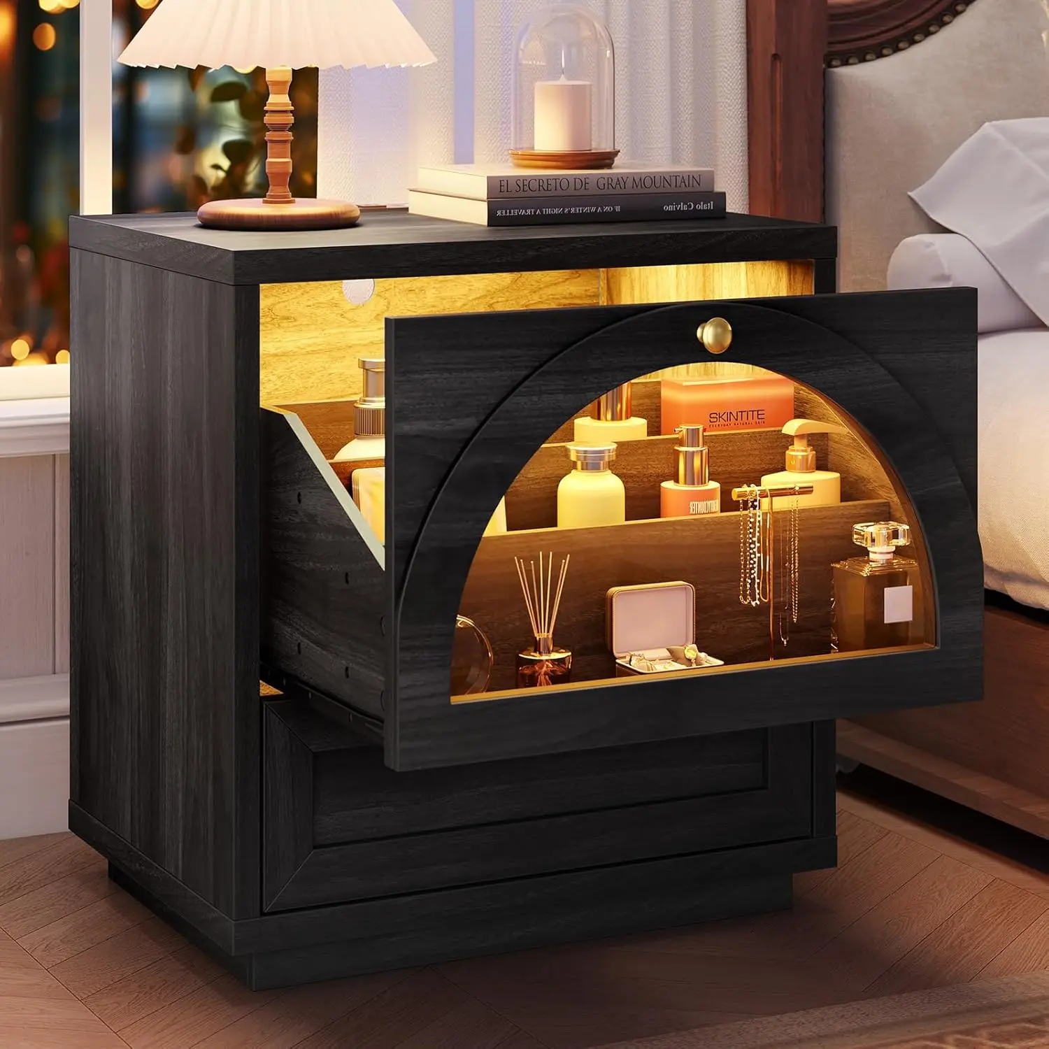 

Arched Glass Nightstand with Touch Control 3 Color LED Light and Charging Station, Modern Bedside End Table with, Customized