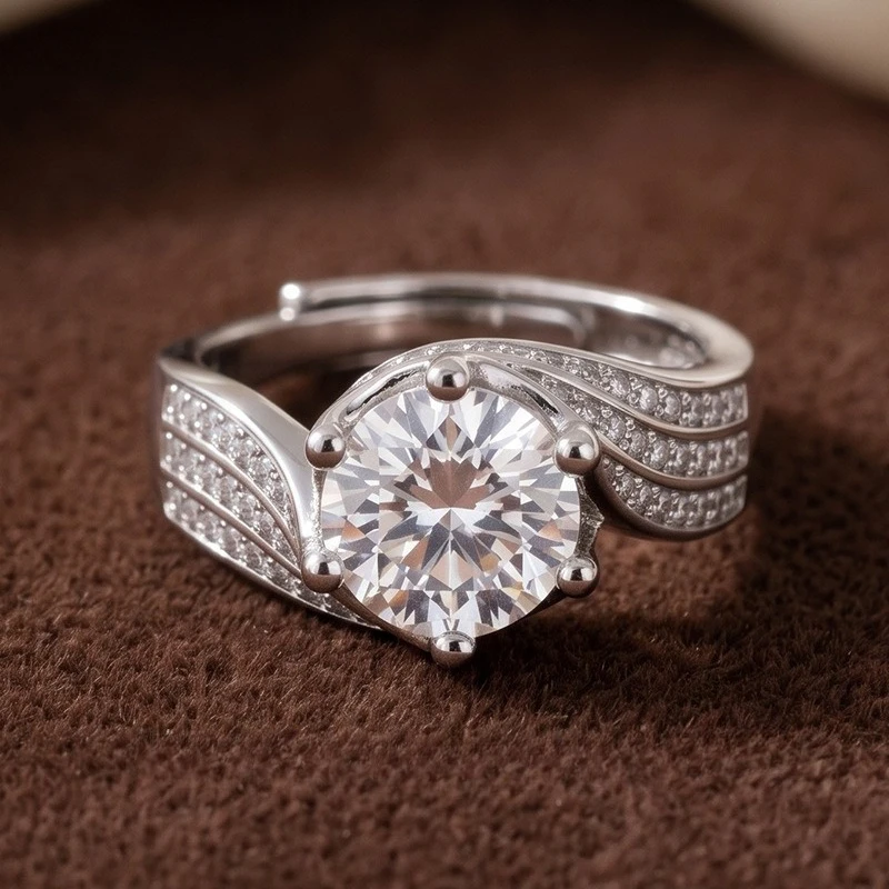 Twisted Split Shank 6 Prong Solitaire CZ Engagement Ring Adjustable Open Band Silver Tone Promise Wedding Ring for Women
