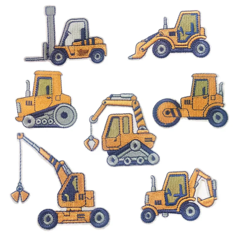 Cartoon Trucks Embroidery Iron on Patches Roller, Digging Machines, Loaders, Bulldozers Engineering Vehicles Clothing Appliques