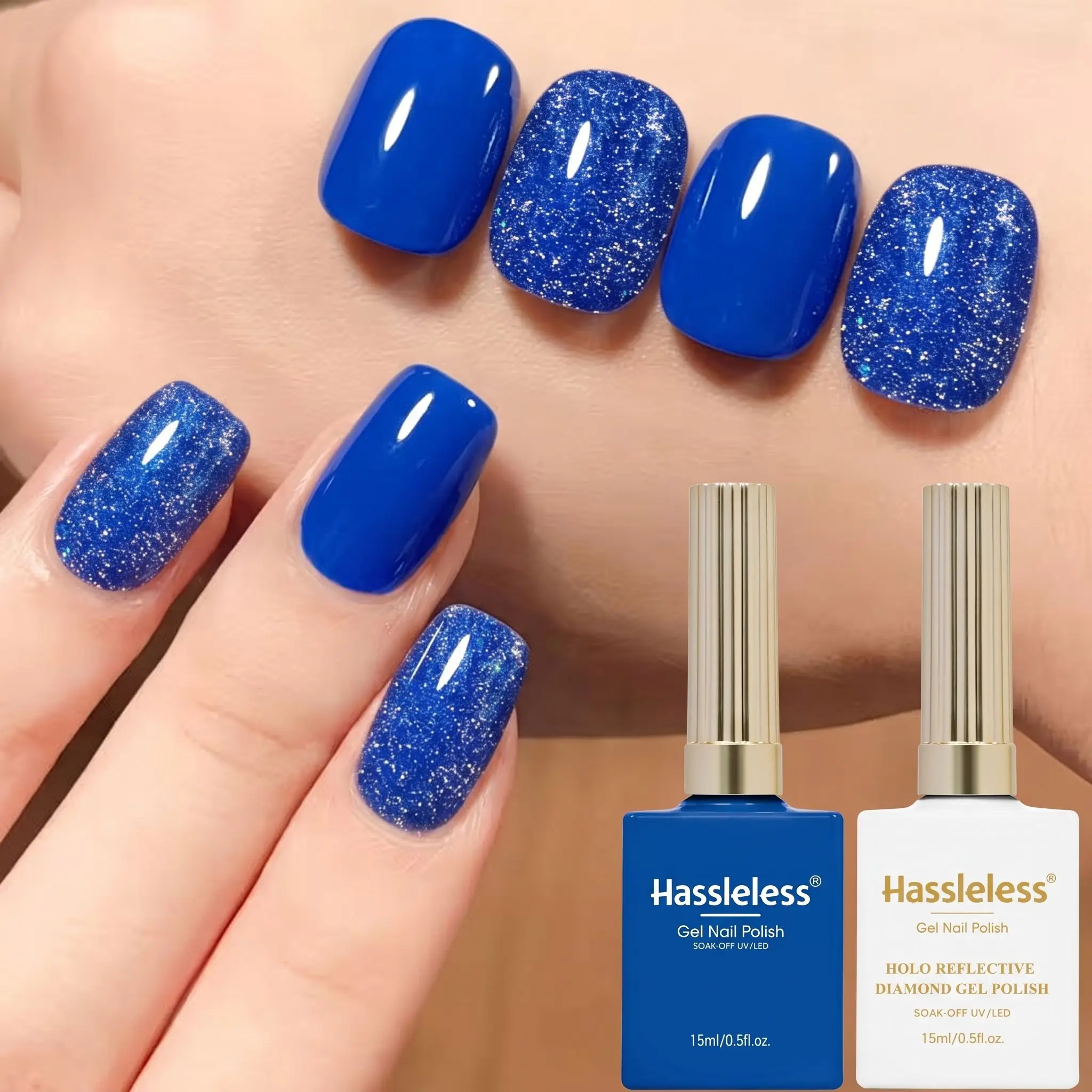 Hassleless 2Pcs Royal Blue Diamond Nail Polish Gel Set Klein Blue Solid Color + Holographic Reflective Diamond Glitter Gel Removable Nail Polish Gel DIY Nail Art